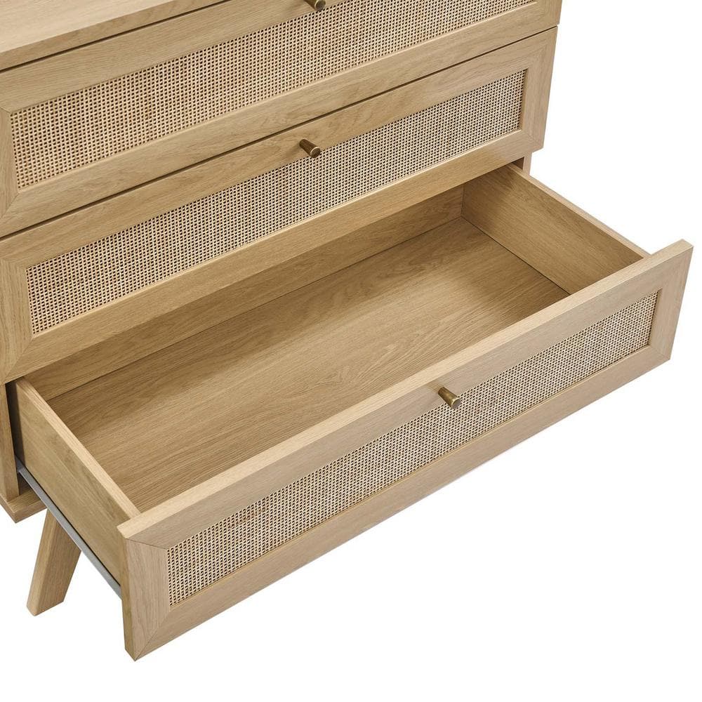 Coastal Charm Oak 3-Drawer Dresser with Rattan Weave