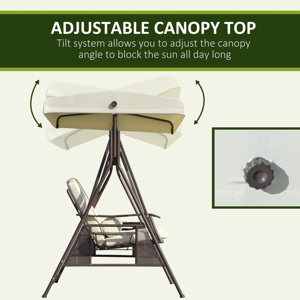 Beige 2-Person Adjustable Canopy Patio Swing with Cushions and Tray