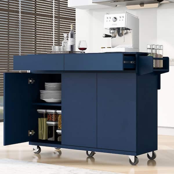 Harper & Bright Designs Navy Blue Kitchen Cart with Drop-Leaf, Spice Rack, Towel Racks, 3 Cabinets, 2 Drawers, 5 Wheels, Concealed Handles