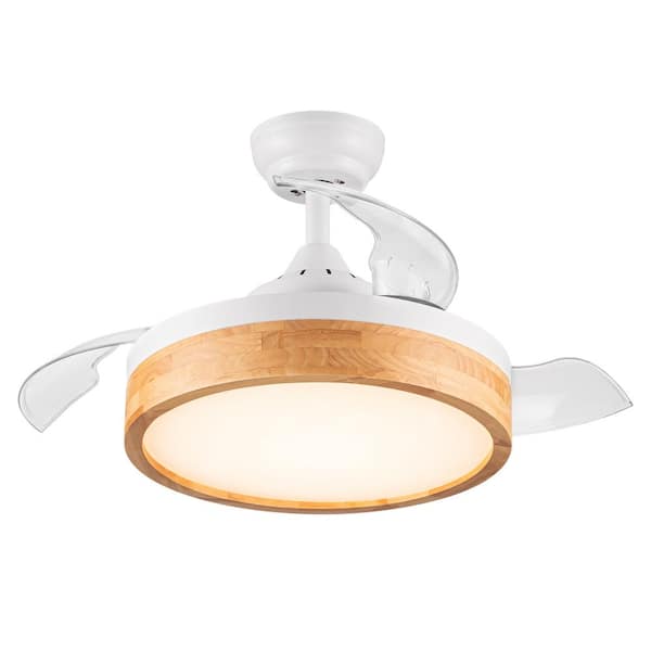 Jushua 36 in. Integrated LED Indoor White Retractable Ceiling Fan with Remote Control Round Solid Wood Shade (3-Pieces)