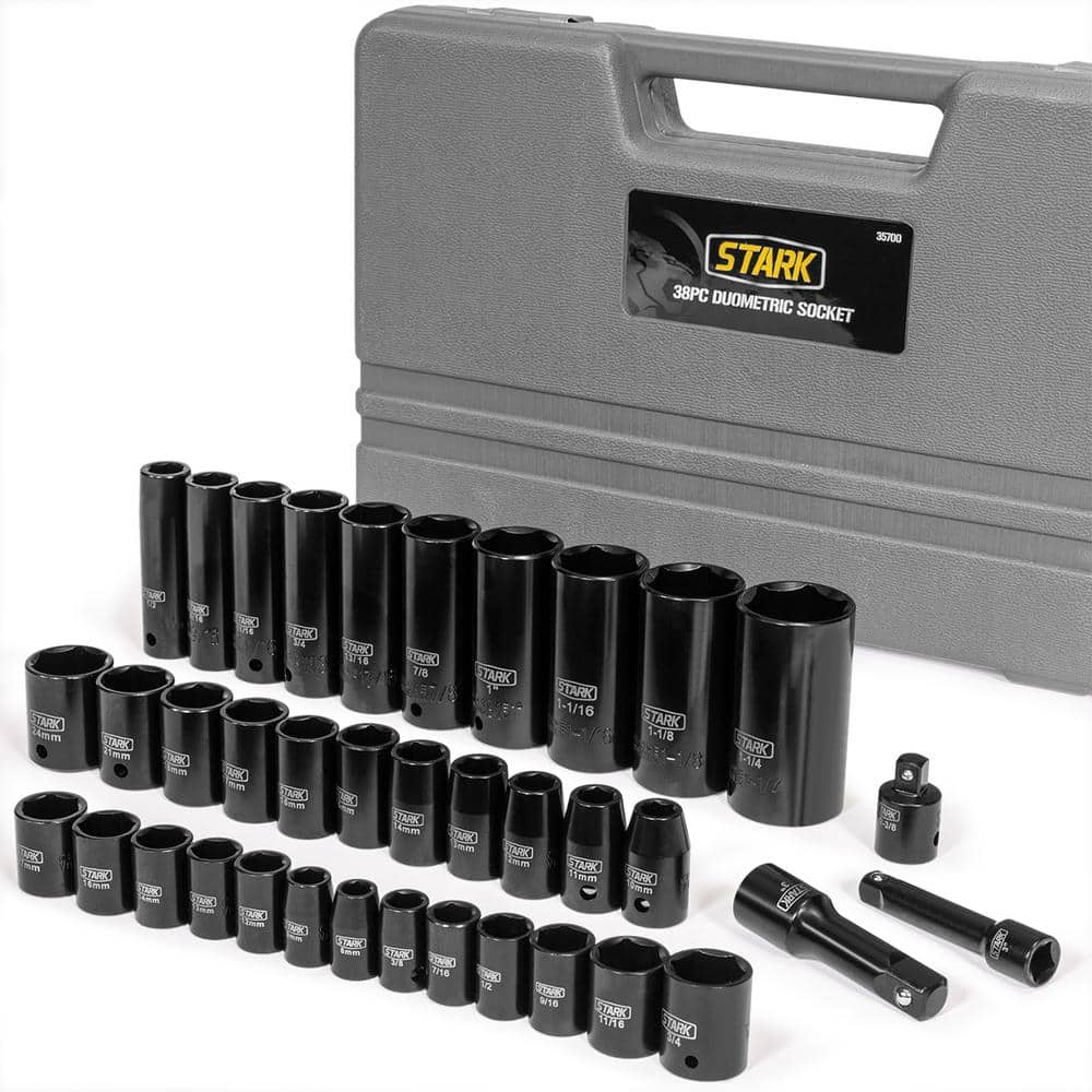 Stark 3/8 in. and 1/2 in. Drive Combination Shallow and Deep SAE and Metric  Impact Socket Set with Carrying Case (38-Piece) 35700 - The Home Depot