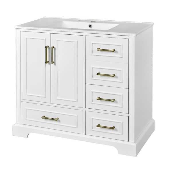 36 in. W x 18 in. D x 34 in. H Single Sink Freestanding Bath Vanity in White with White Ceramic Top and 4-Drawers