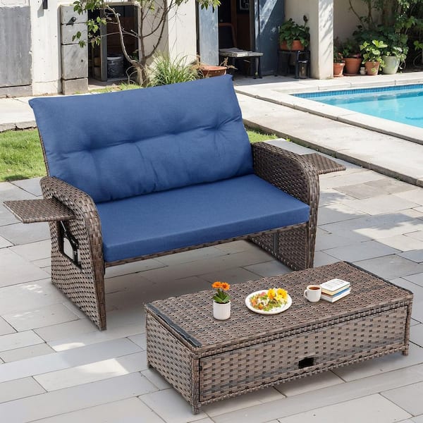 Brown Wicker Outdoor Sofa Day Bed Loveseat Sun Lounger for Backyard Porch with Cozy Cushion Guard Blue Cushions