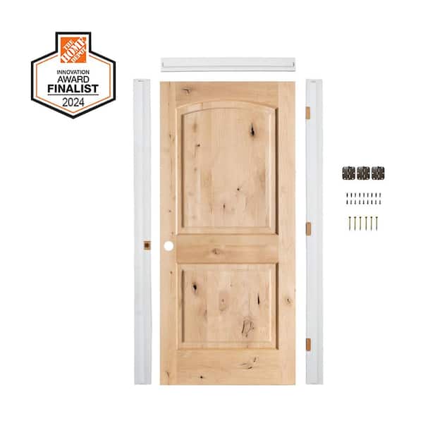 DIY 32 in. x 80 in. Knotty Alder Right-Hand Top Arch Unfinished Wood Single Interior Door Kit w/ Quick Assemble Jamb