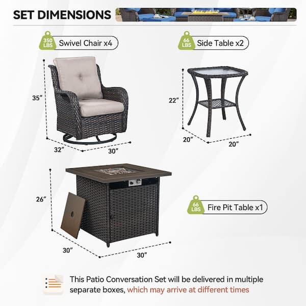 Arcline 7-Piece Brown Wicker Fire Pit Conversation Set with Olefin Beige Cushions and 4 Swivel Glider Chairs/Side Tables