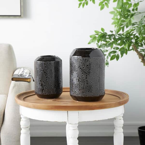 Litton Lane Black Ceramic Decorative Vase with Geometric Etchings (Set of 2)