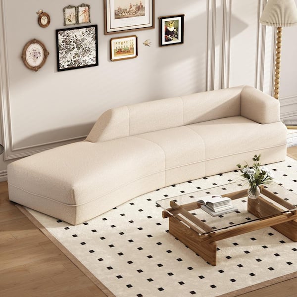 J&E Home 109.4 in. Square Arm Velvet Curved 3-Seater Reclining Sofa Beige