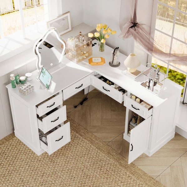 63 in. L-Shaped White Wood 6-Drawer Desk with USB Charging Ports and Cable Management