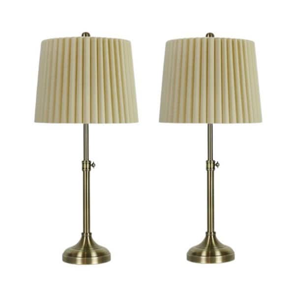 Fangio Lighting Pair of 24.25-30 in. Adjustable Antique Brass Metal Column Table Lamps with Designer Mini-Fluted Shades