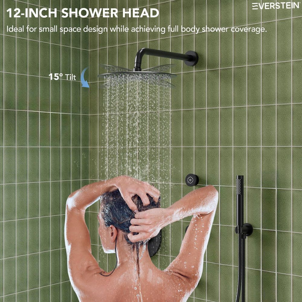 Matte Black 12" Ceiling Mounted Rainfall Shower System with Jets