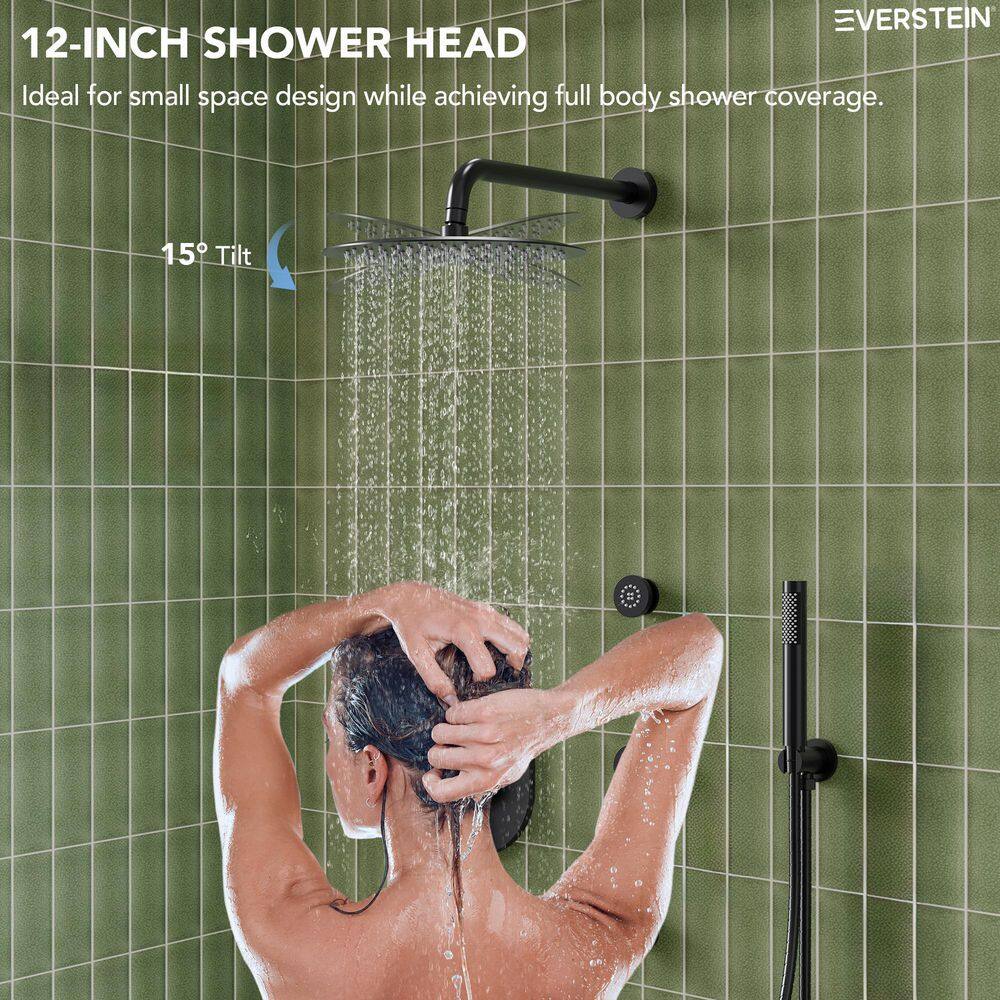 Matte Black 12" Ceiling Mounted Rainfall Shower System with Jets