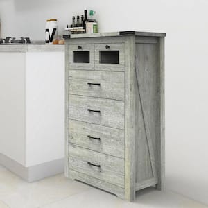 24.4 in. Rustic Wooden Gray Storage Cabinet LED Light Chest with 6 Drawers for Bedroom, Entryway