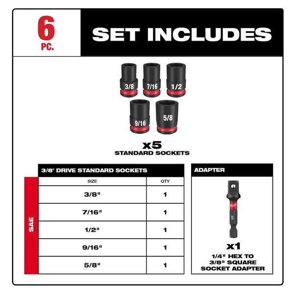 Milwaukee - SHOCKWAVE 3/8 in. Drive SAE Standard 6 Point Impact Socket Set (6-Piece)