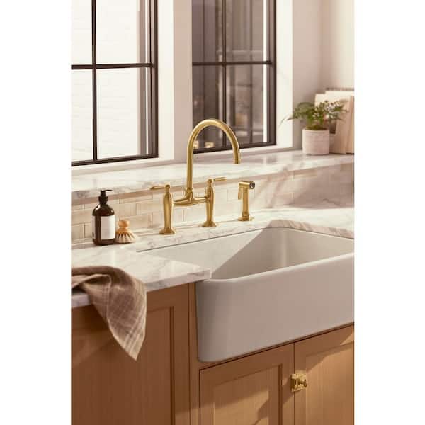 KOHLER Edalyn By Studio McGee Double-Handle 2-Hole Bridge Kitchen Faucet With Side Sprayer in Vibrant Brushed Moderne Brass