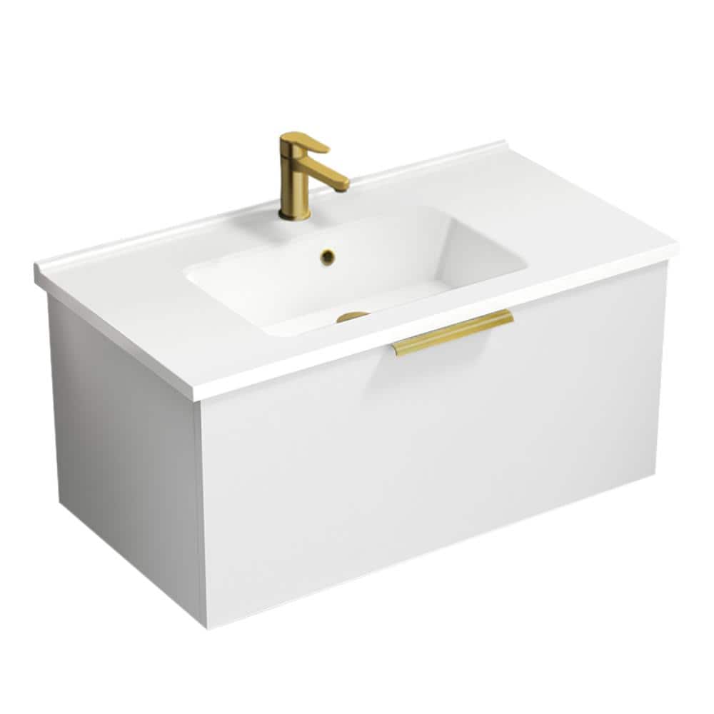 Bodrum 33.46 in. W x 17.72 in. D x 16.14 in. H Modern Bathroom Vanity in Glossy White With White Ceramic Top price history on PriceWatchPro