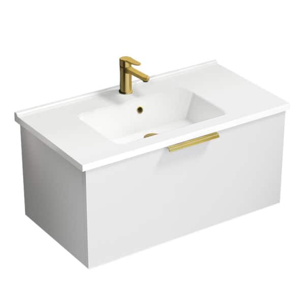 Nameeks Bodrum 33.46 in. W x 17.72 in. D x 16.14 in. H Modern Bathroom Vanity in Glossy White With White Ceramic Top