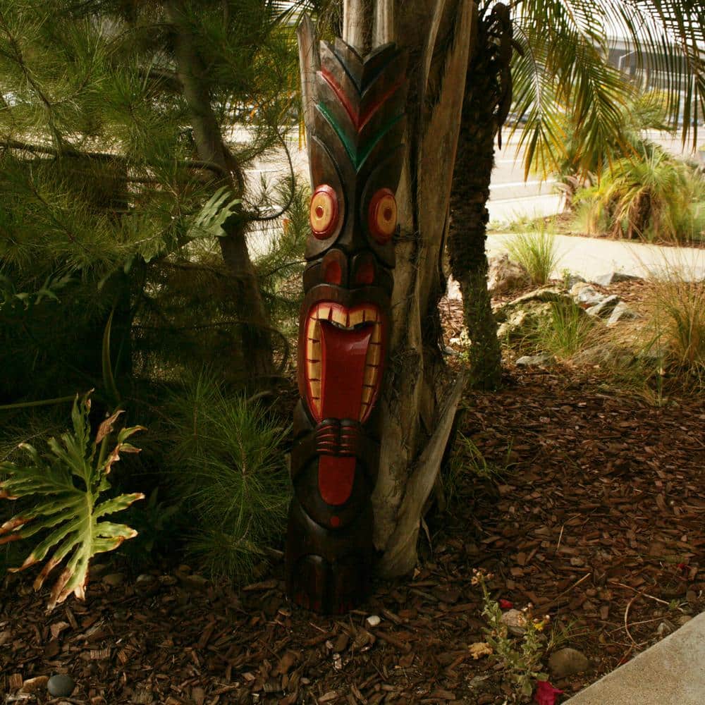 Hand-Carved 40" Tall Brown and Red Wooden Tiki Mask
