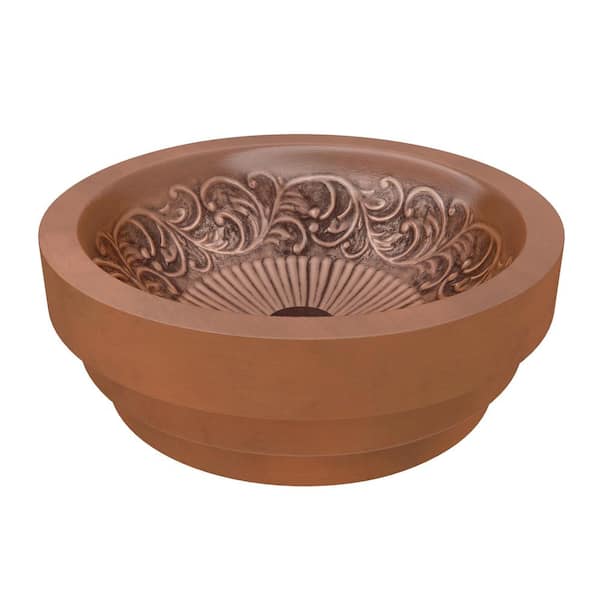 ANZZI Admiral 20 in. Handmade Vessel Sink in Polished Antique Brown Copper with Flora Design Interior