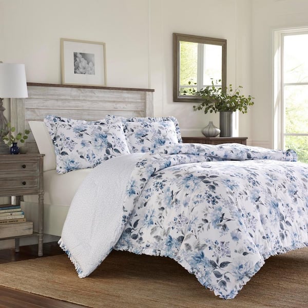 Laura Ashley Chloe 2-Piece Blue Floral Cotton Twin Comforter Set