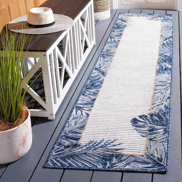 Cabana Ivory/Navy 2 ft. x 9 ft. Striped Leaf Border Indoor/Outdoor Runner Rug