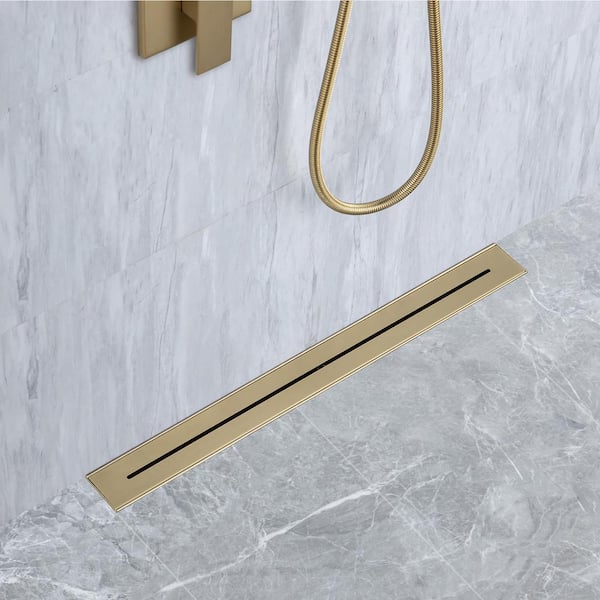 28 in. Stainless Steel Linear Shower Drain with Square Pattern Drain Cover in Brushed Gold