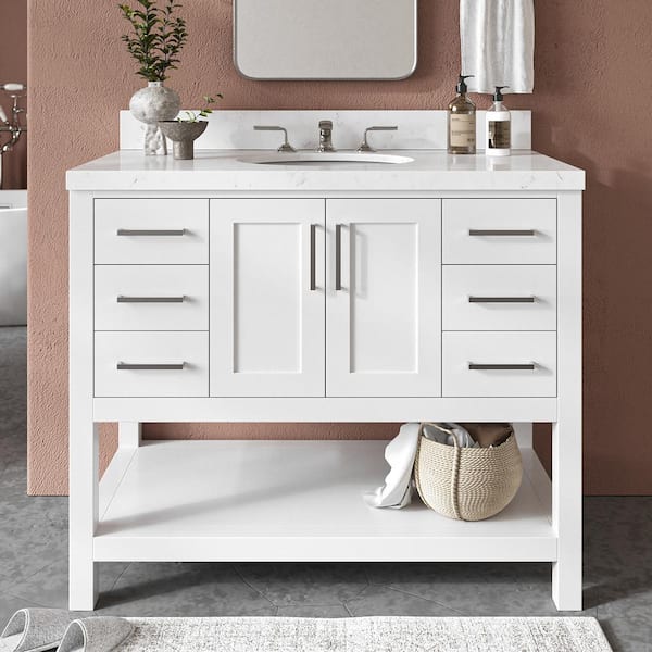 ARIEL Magnolia 42.25 in. W x 22 in. D x 36 in. H Single Freestanding Bath Vanity in White with Carrara Quartz Top