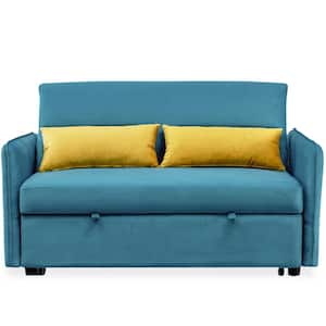 Modern 57 in. Width Blue Solid Velvet Full 2-Seat Sofa Bed with 2-Pillows Adjustable Backrest