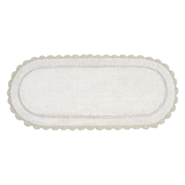 Eloise Crochet Border 24in. x 60in. Beige Solid Cotton Oval Bath Mat