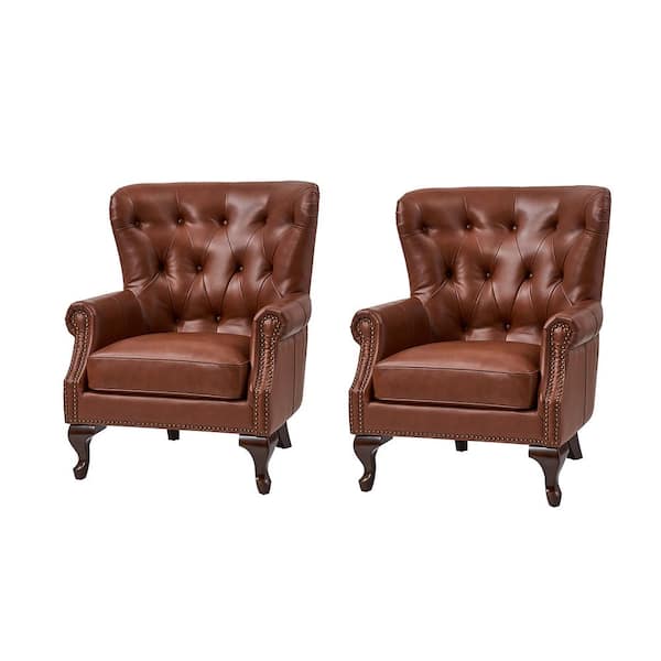 JAYDEN CREATION Eberhard Brown Genuine Leather Arm Chair with Nailhead Trims and Removable Cushion Set of 2