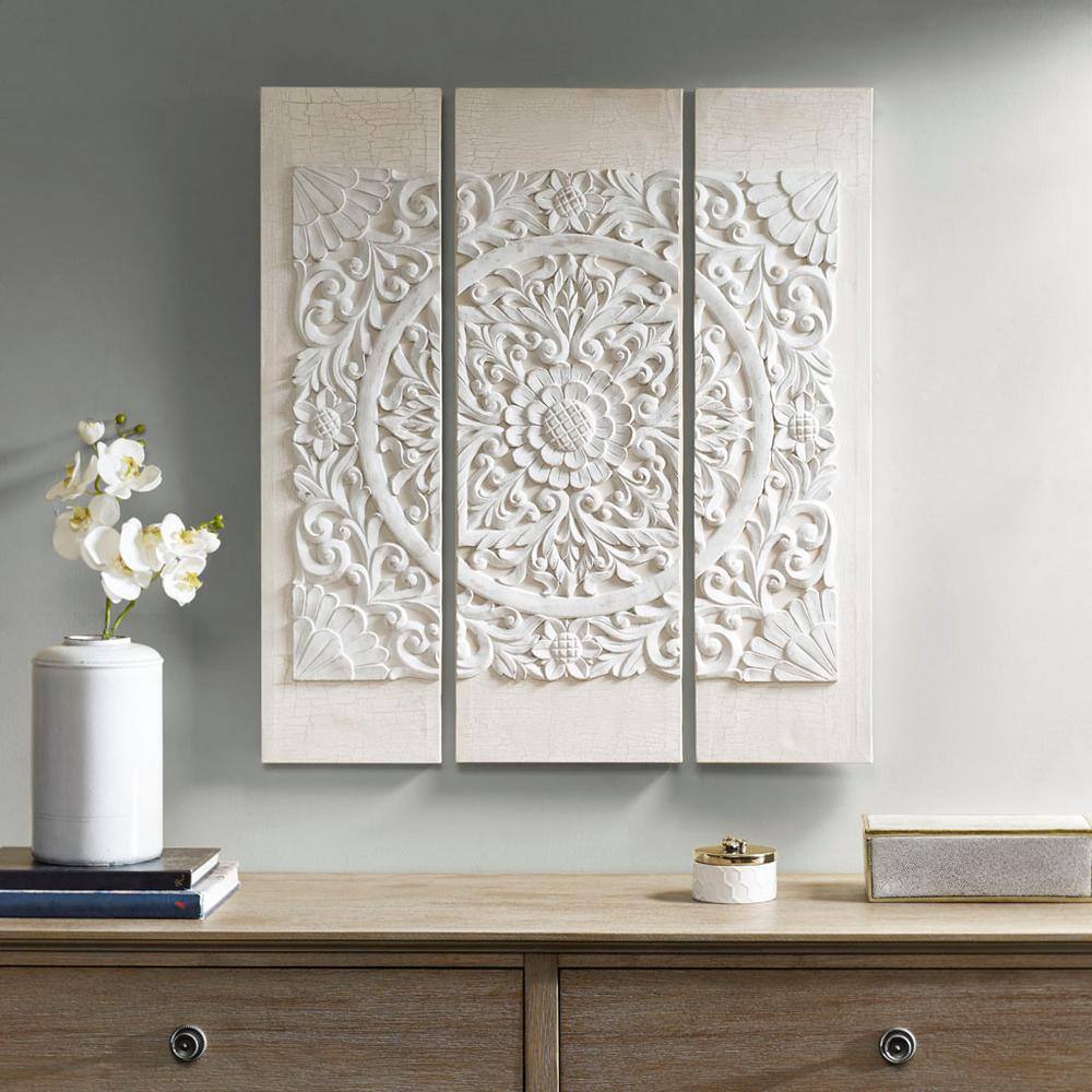 Triptych 3-Piece Dimensional Framed Resin Canvas Wall Art Print Set, Off Wh