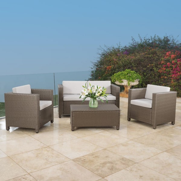 Brown 4-Piece Wicker Patio Conversation Set with Cushion Guard Cushions