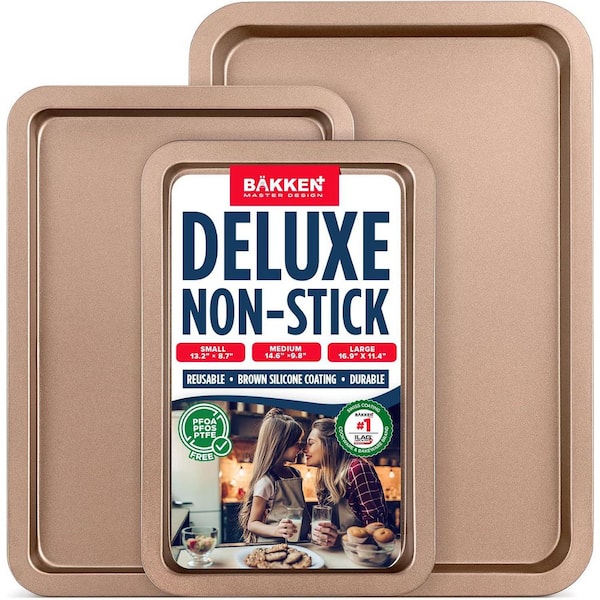 3-Piece Kitchen Baking Pans-Small, Medium, and Large Cookie Pan, With Nonstick Coating, Brown