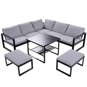 Black 6-Piece Industrial Style Metal Patio Conversation Outdoor Indoor Sofa Set with Stools and Table, Gray Cushion