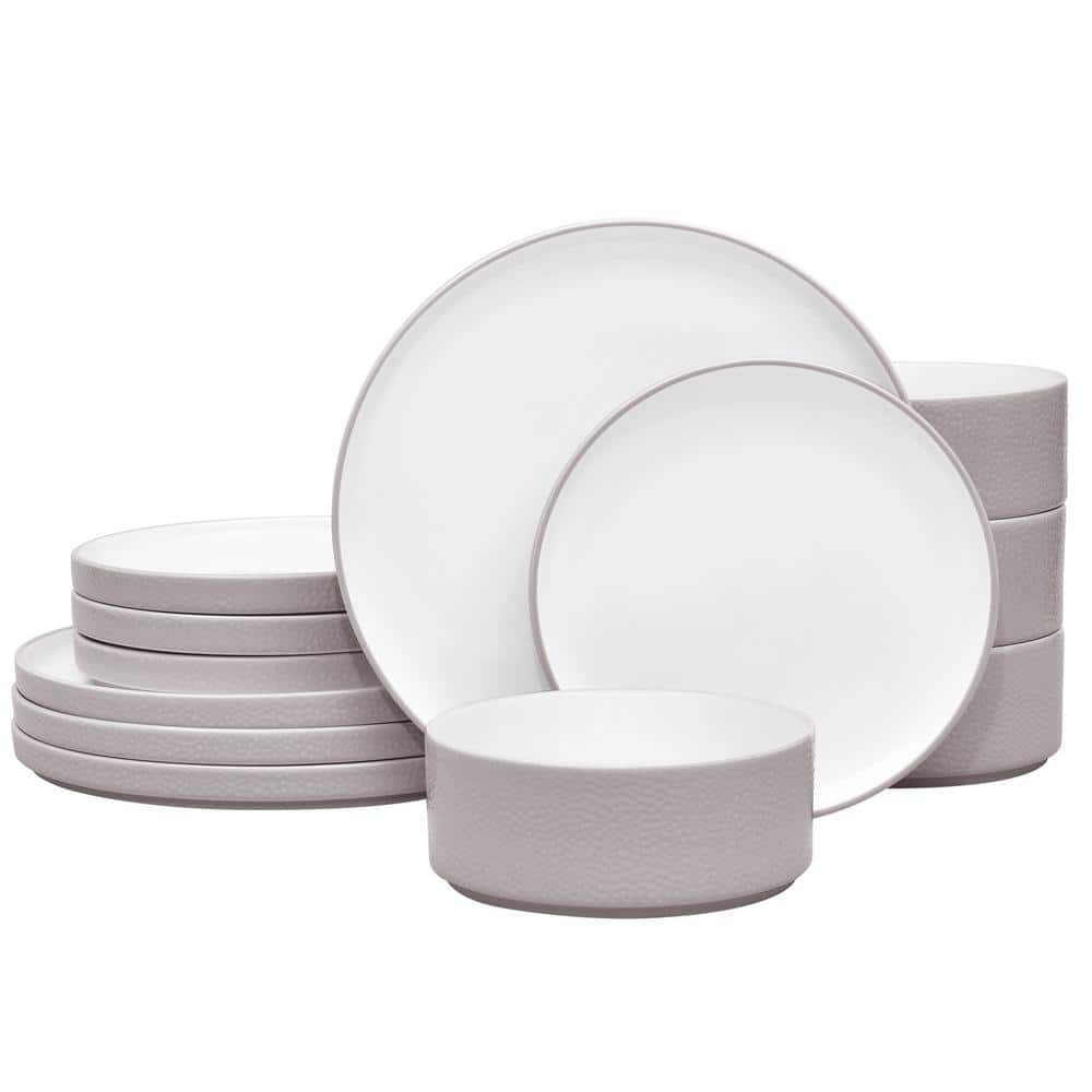 Taupe and White Porcelain 12-Piece Dinnerware Set, Service for 4