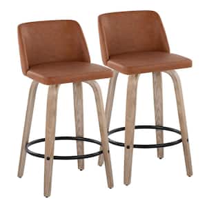 Toriano 25.5 in. Camel Faux Leather, White Washed Wood and Black Metal Fixed-Height Counter Stool Set of 2