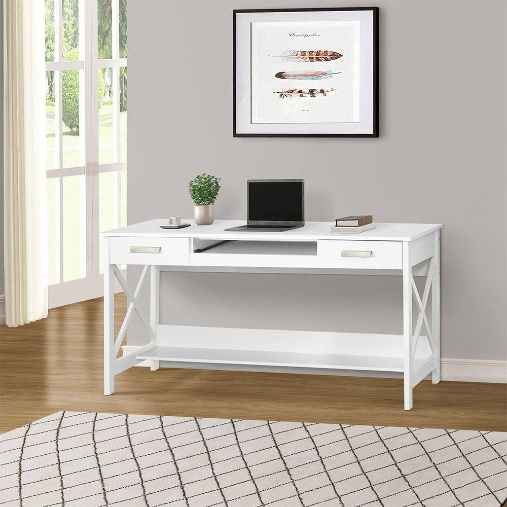 White Birch Wood Writing Desk with Keyboard Tray and Drawers