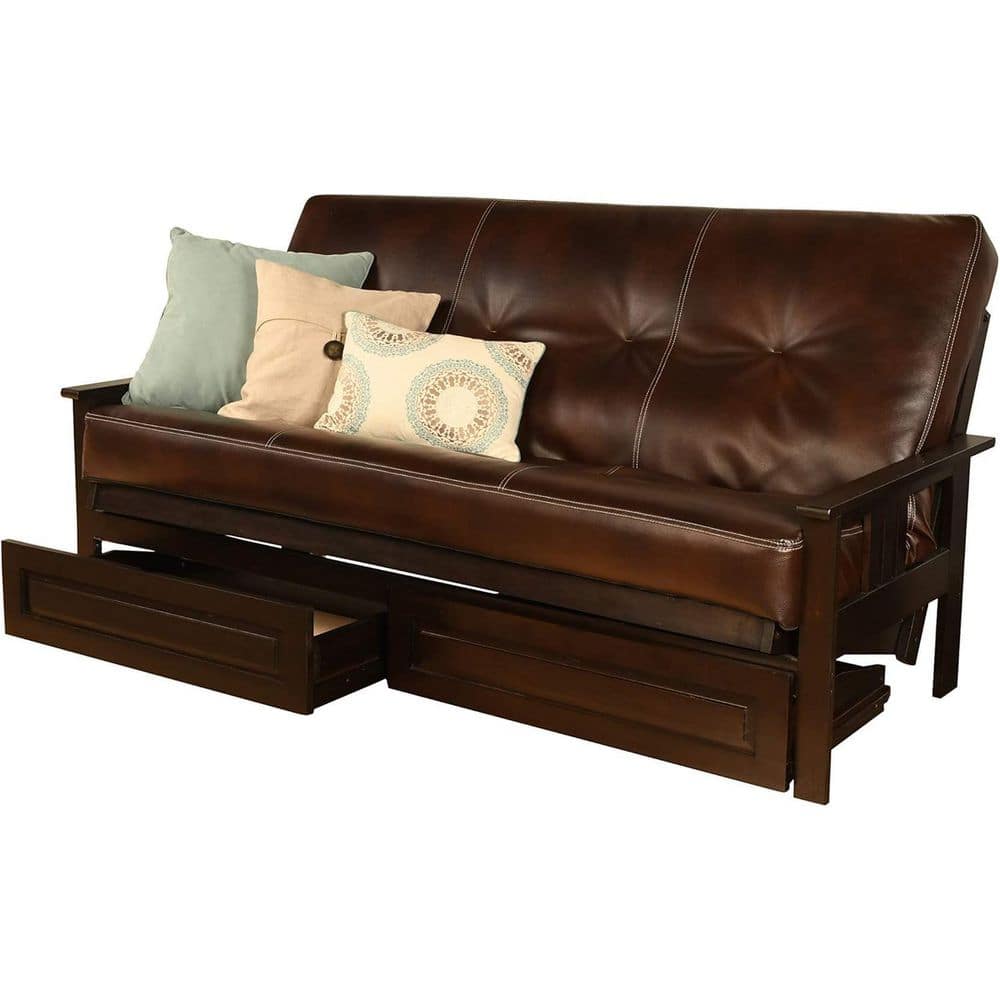 79 in. Espresso/Oregon Trail Java Leather Upholstered Full Size Futon Set with Mattress and Storage Drawers