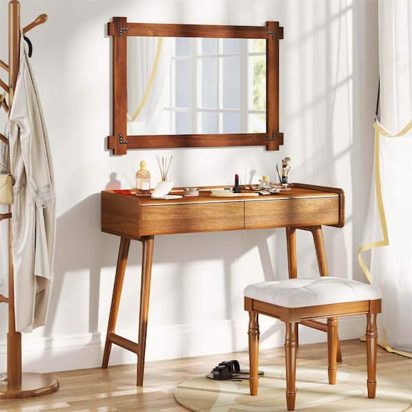 35 in. Height x 24 in. Width Shatterproof Wall Mirror with Acacia Wood Frame and Vintage Rivet Design