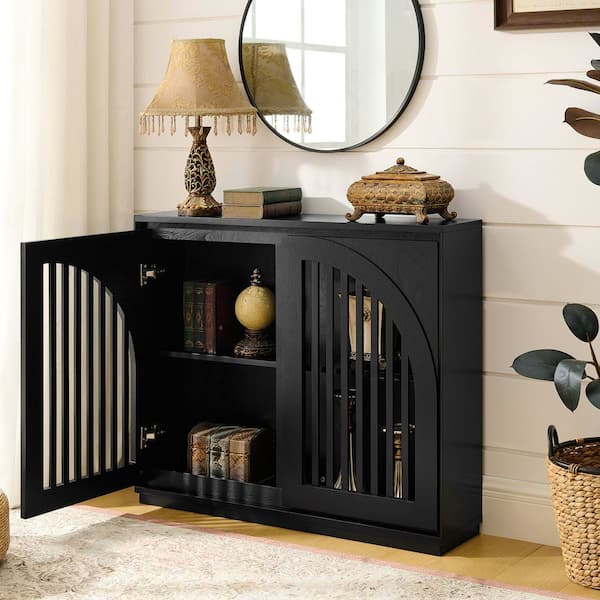 Leander Modern Black 32.6 in. H Fluted Wood Sideboard Cabinet with Shelves, 2-Door and 2 Outlet Holes