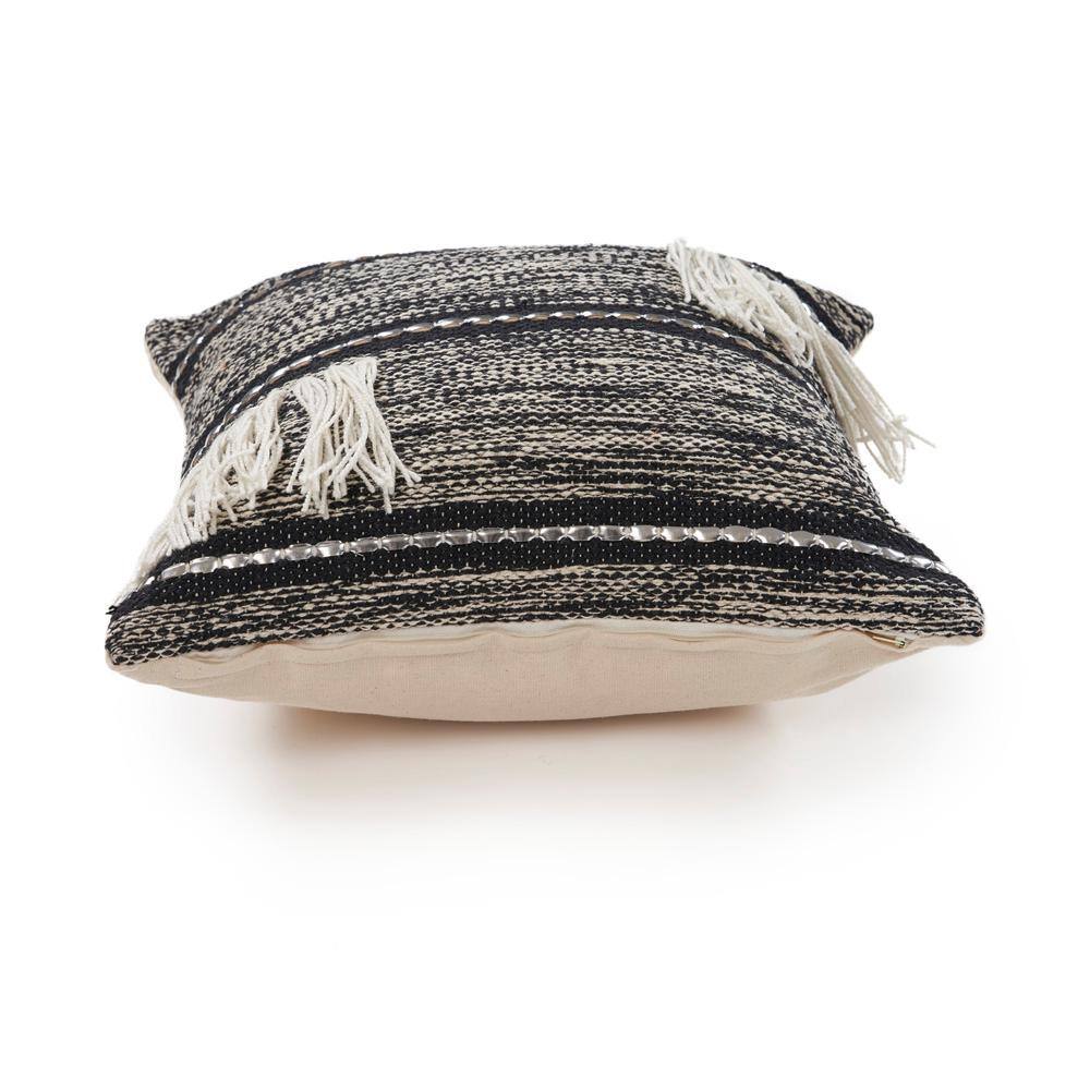 18'' Black and Off-White Striped Cotton Pillow with Fringe