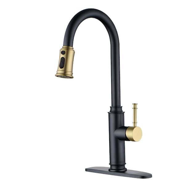 SUMERAIN S6132P-ES Single Handle Pull Down Sprayer Kitchen Faucet with Deckplate, Pull Out Spray Wand in Black & Gold