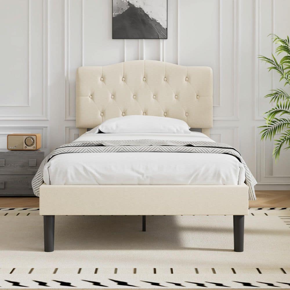 Bed Frame with Button, Beige Wood Frame Slat Support Easy Assembly - Twin Platform Bed Frame With Upholstered Headboard price history on PriceWatchPro