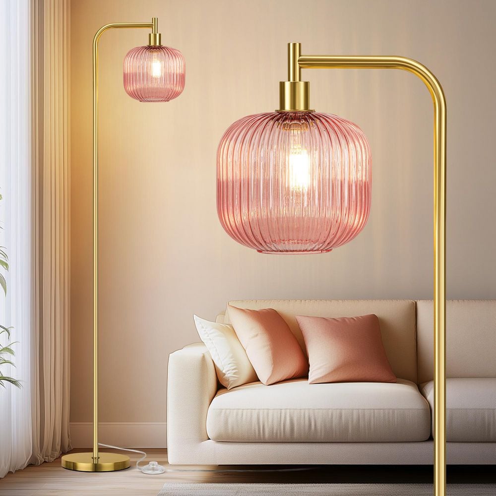 67 in. Brushed Gold Arc Floor Lamp with Pink Ribbed Glass Shade and Pedal Switch, Includes LED Bulb price history on PriceWatchPro