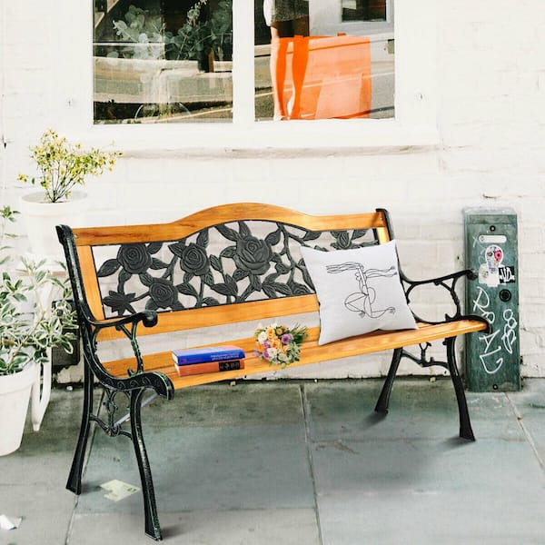 49.5 in. W 2-Person Black Natural Metal Wood Outdoor Bench