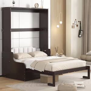 Espresso(Brown) Wood Frame Queen Murphy Bed, Wall Bed with Cushion, Folded into a Cabinet with 2-Seat Chair, Headboard