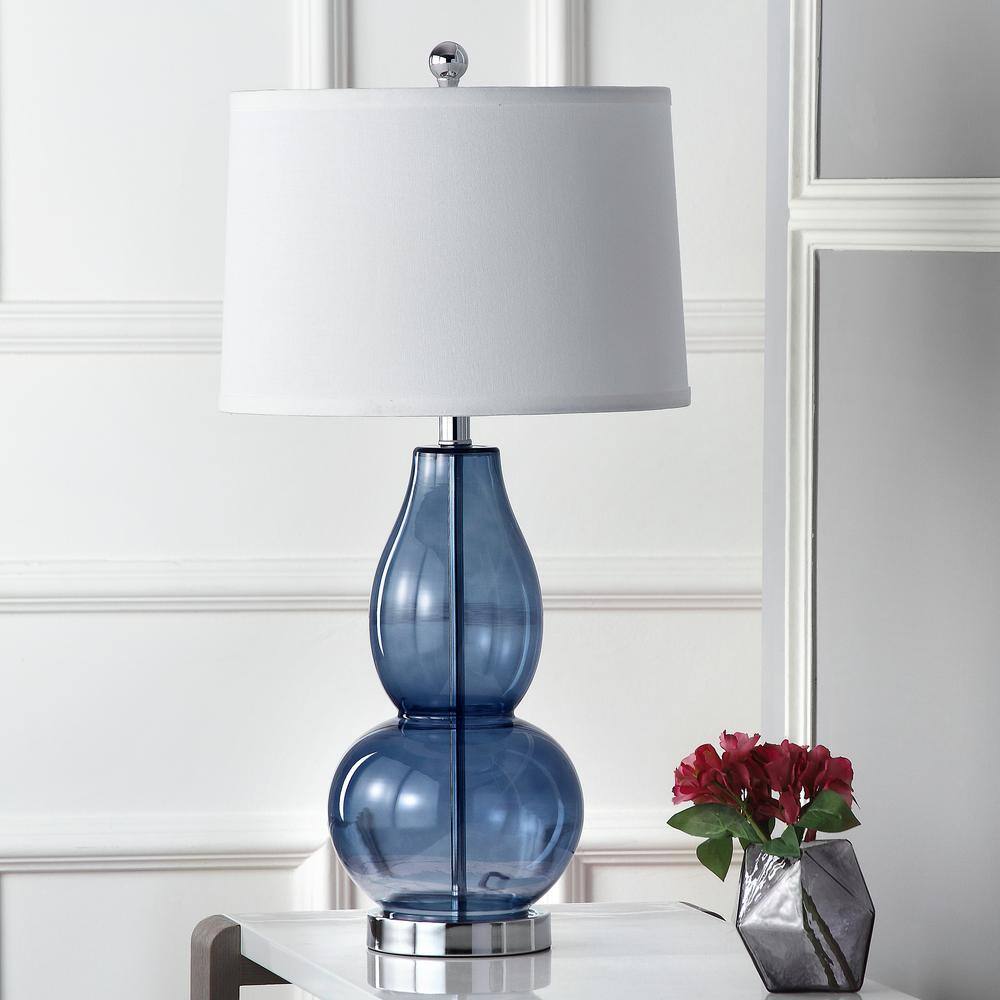 Blue Double Gourd Glass Table Lamp Set with White Shades