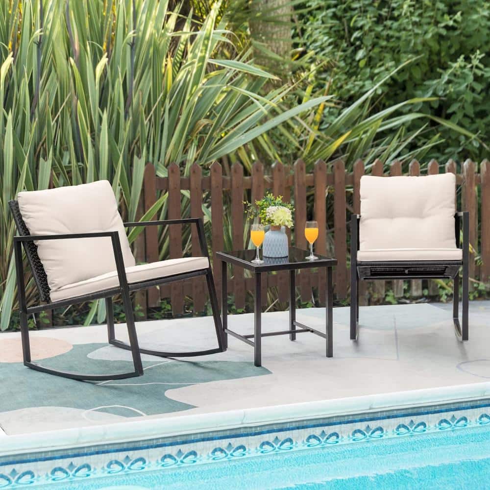 Tozey Black 3-Pieces Metal Wicker Outdoor Rocking Chair Bistro Conversation  Set with White Cushions T-LCRC943RBK - The Home Depot