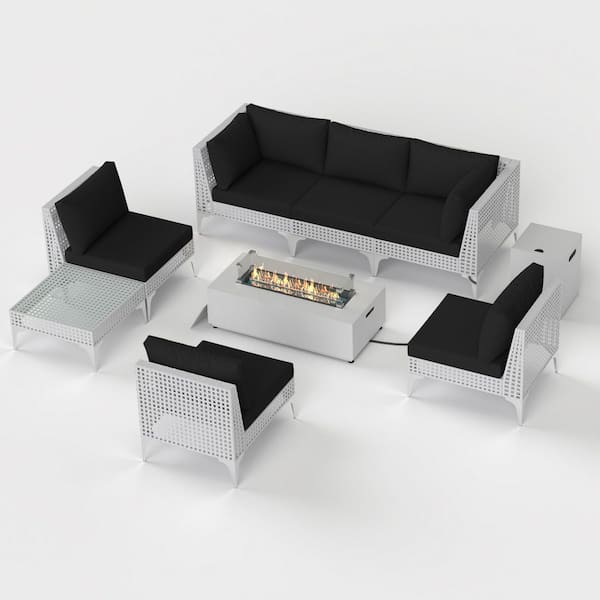 FINCATI (9-Piece) Outdoor Patio Furniture Set Wicker Conversation Set with Fire Pit Table, Black Cushions and Coffee Table