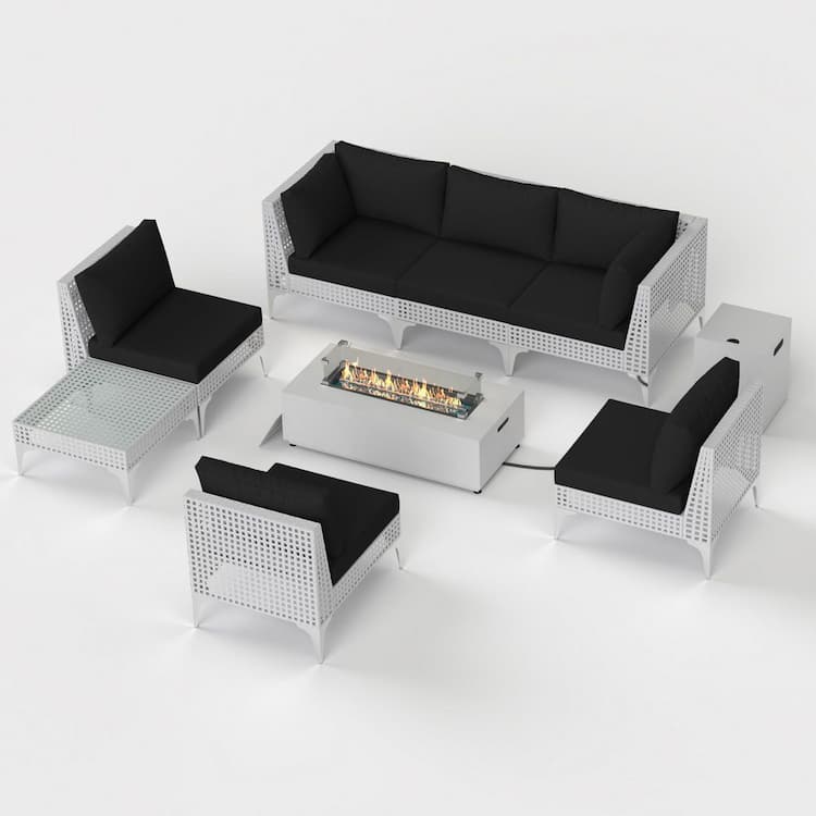 (9-Piece) Outdoor Patio Furniture Set Wicker Conversation Set with Fire Pit Table, Black Cushions and Coffee Table