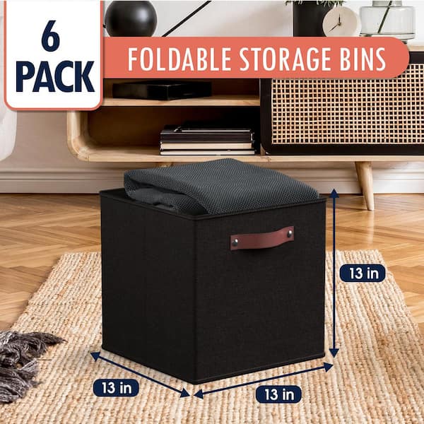 Ornavo Home Foldable Linen Storage Cube Bin with Leather Handles - Set of 6 - Black